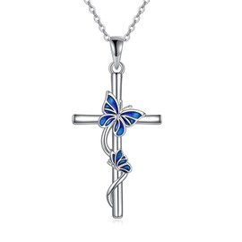 LUHE Sterling Silver Cross Necklace for Women Blue Butterfly Pendant Necklace for Mom Wife Dainty Jewelry Gift for Birthday Christmas