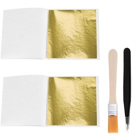200 Sheets Gold Leaf, Imitation Gold Leaf Edible for Cakes, With Brush And Tweezers for Cakes Drinks Beauty Routine Makeup Health Spa Art Craft Work Decoration (8.5cm*8cm)