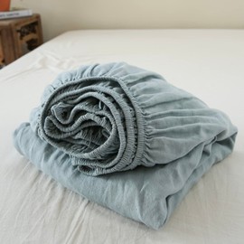 King Linens 100% Linen Fitted Sheet Stone Washed Solid Color - (1 Piece) 14 inch Deep Pocket Mattress Cover Soft Natural Breathable Farmhouse - Dusty Blue, King Size