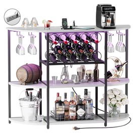 VICTONE Wine Bar Cabinet with LED Lights and Power Outlets, Freestanding Coffee Liquor Bar Cabinet with Glass Holder, Wine Rack Table for Home Kitchen Dining Room (White)