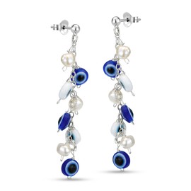 AeraVida Stylish White and Blue Evil Eye Bead Dangling and Cultured Freshwater Pearl Sterling Silver Earrings | Elegant Sterling Silver Stud Earring for Women | Cute Earrings | Blue and White Pearl Earrings, Metal Pearl Evil Eye, Pearl