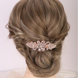 Chargances Bridal Flower Rhinestones French Hair Clip Wedding Silver Crystal Hair Barrettes Clip Slide Hairpins Barrettes Hair Accessories for Women (Silver)