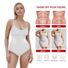 NEWMO Shapewear Bodysuit for Women, Tummy-Control Bodysuit with Adjustable Straps, Seamless Snatched Waist Body Shaper (White, XL)