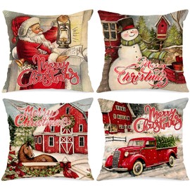 Lanpn Vintage Merry Christmas Cushion Covers 60x60 Set of 4, Decorative Retro Santa Xmas Throw Covers Pillow Cases 24x24 for Home Bedroom Room Holiday Couch Decor Decorations