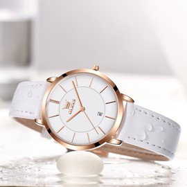 OLEVS Women Watches Ultra Thin 6.5mm Minimalist Dress Fashion Leather Strap Quartz Waterproof Casual Women Wrist Watch White