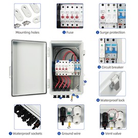YINZINR Solar PV Combiner Box, 4 String with 10A Rated Current Fuse, 63A Circuit Breaker, a High-Voltage Lightning Arrester, 2 Surge Protection Devices, IP65 Waterproof
