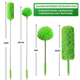 Cobweb Duster with Extension Pole, Washable Cleaning Duster Kit with 3 Duster Heads, Cobweb Duster, Corner Brush, Aluminum Telescoping Pole for high Ceiling Fan，Spider Web Brush with Extension Pole