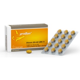 proSan Vitamin D3+K2 [MK-7] 30 Capsules | High Dose | 1,000 IU Vitamin D3 + 100% Natural Vitamin K2 All-Trans 50 μg - High Bioavailability - Made in Germany - Small Capsules