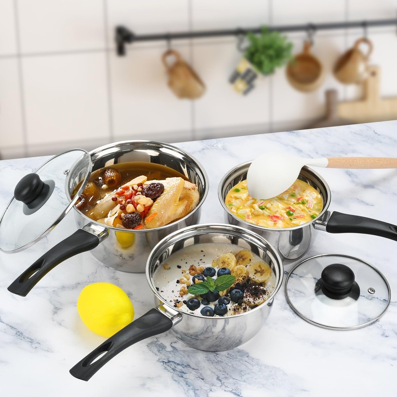 Stainless Steel Pot Set with Lid 6pcs,Sauce Pans 1QT &