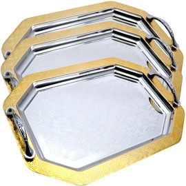 MARO MEGASTORE (Pack of 3 14.6 inch x 10.6 inch Octagonal Chrome Plated Silver Serving Tray with Handles Mirror Iron Gold Edge Floral Engraved Decorative Party Buffet Wine Decor Platter Plate CC-1609