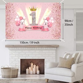 Tecreo 1st Birthday Decoration Party Decor For Girl Fabric Sign Poster 1st Anniversary Background Banner 1stBirthday Party Supplies Glitter Crown, 150cm, Copper,Gold,Pink