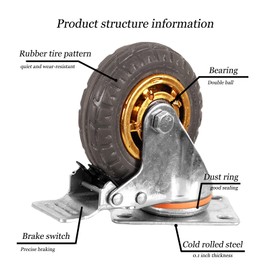 4 inch Caster Wheels Heavy Duty casters Set of 4,Rubber Swivel Caster Quiet Anti-Skid with Brake 360 Degree Double Ball Bearing Castors(2PCS Fixed Caster Wheels 2PCS Swivel Casters with Brake)
