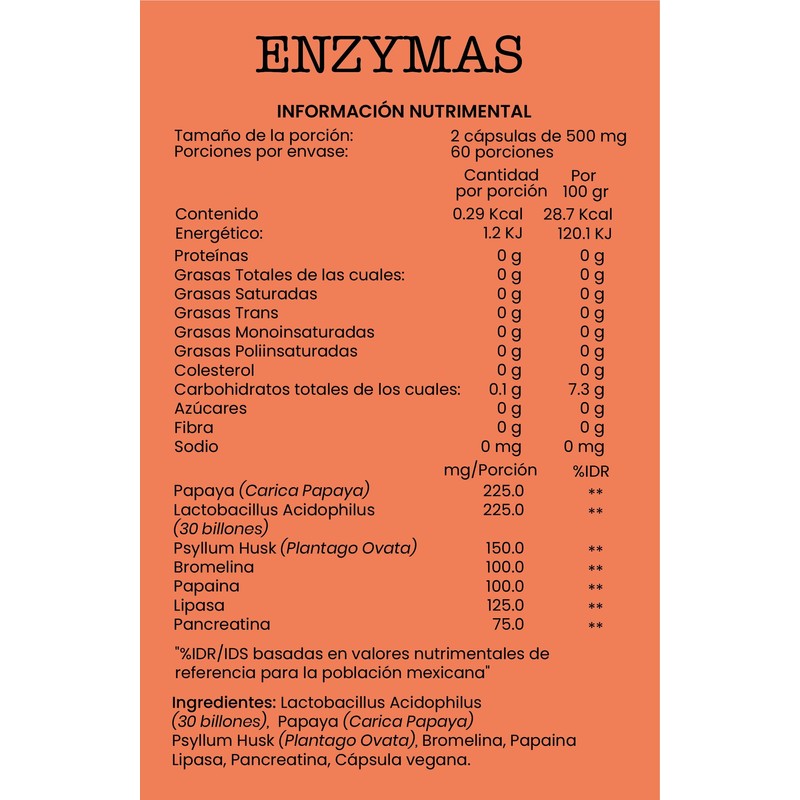 Enzymas Suplemento Alimenticio Papaya Pancreatina Probioticos Ingredientes Naturales Vegano 120
