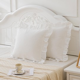 Vintage Off White Ruffle Euro Shams Shabby Farmhouse Pillow Cover 100% Washed Cotton Pillowcases Set of 2-26"x26" White