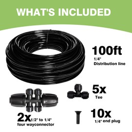 Maotong 100FT 1/4 inch New Quick-Connect Drip Irrigation Kit Distribution Hose Tubing for Garden Irrigation System (Includes 2 Pcs 6-Way Connector, 5 Pcs 1/4" Tee and 10 Pcs End Plugs)