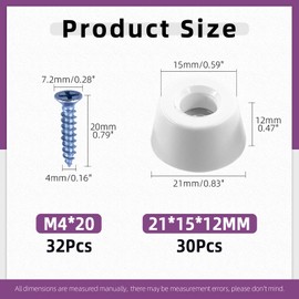 Swpeet 30Pcs 0.82 x 0.59 x 0.47 Inch Furniture Pads White Round Rubber Feet Pads with 32Pcs M4×20mm Screws, Round Non Slip White Rubber Bumpers Pads for Cutting Board Furniture Appliances Electronics
