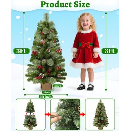 Timer - 3FT Christmas Tree, Small Table top Christmas Tree with 50 Warm White Lights, 72 Pine Branches 28 Smoky Pine Tips Pinecone Berry & Burlap Base Artificial Mini Xmas Tree for Indoor Home Decor