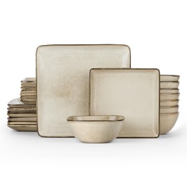 E-far Square Dinnerware Sets for 8, 24-Piece Stoneware Plates and Bowls Dishes Set, Reactive Glaze Porcelain Dishware Sets, Chip & Scratch Resistant, Microwave & Dishwasher Safe, Sandy Beige