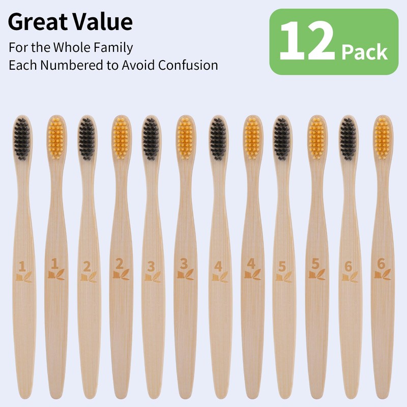 GENKENT 12 Counts Bamboo Toothbrushes Eco Friendly Natural Charcoal Toothbrushes
