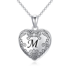 SOULMEET 18K White Gold Plated Silver Cameo Initial Heart Locket Necklace That Holds Pictures Photo Locket Necklace Alphabet M (Locket only),Gift for Women Girls