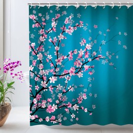 LIVILAN Cherry Blossom Shower Curtain Japanese Shower Curtain Floral Sakura Plum Blossom Flower Shower Curtains with 12 Hooks Teal Blue and Pink Pretty Shower Curtain, 72" W x 84" H