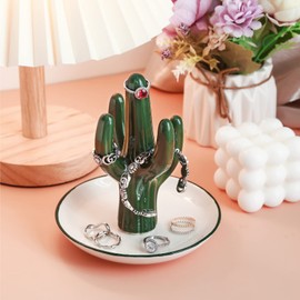 PUDDING CABIN Cactus Ring Holder Green Jewelry Dish for Rings Earrings Bracelets Necklace Organizer, Cactus Gift for Women Birthday Wedding Graduation Christmas Valentines, Room Decor Aesthetic