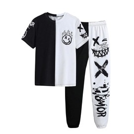 WDIRARA Boy's Two Piece Graphic Print Short Sleeve T Shirts and Elastic Waist Pants Clothing Set Black and White 10Y