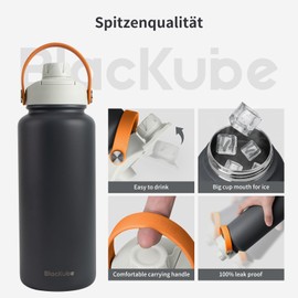 Blackube Stainless Steel Drinking Bottle, 1000 ml, Thermos Flask, BPA-Free, Leak-Proof, Large Metal Water Bottle for Sports, School, Fitness, Outdoor, Camping