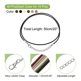 MECCANIXITY 60pcs 18 Inch Waxed Necklace Cord, 1.5mm Bulk Necklace String with 2 Inch Extension Chain Waxed Leather Cord Rope for Jewelry Making DIY Bracelet Pendant,6 Colors