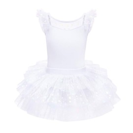 Dance Leotard for Girls Ballet Dress Back Bow Flutter Sleeve Gymnastics Bodysuit with Tutu Skirt Princess Ballerina Dress Up Kids Classic Basic Leotards Training Outfit Party Costume White 9-10 Years