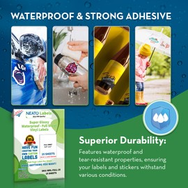 Printable Vinyl Sticker Paper (8.5" x 11") - 25 Super Glossy Waterproof Labels for Inkjet and Laser Printers - Premium White Full Sheets - Strong Adhesive - Tear Resistant