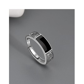 FLYYQMIAO Simple Black Ring for Men Fashion Vintage Black Onyx Ring 925 Sterling Silver Cocktail Statement Ring Adjustable Casual Cocktail Party Jewelry Birthday Gifts for Him Husband, BIB-JZ0225-1