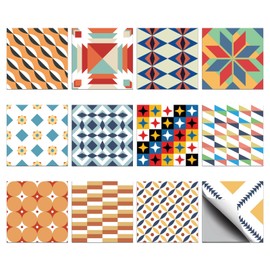 CHGCRAFT 36pcs 12 Styles Colorful Geometric Pattern Tile Stickers Waterproof Tile Stickers Square with Flower Pattern for Kitchen Bathroom Bedroom Wall Fireplace Floor Decoration, 3.9×3.9inch