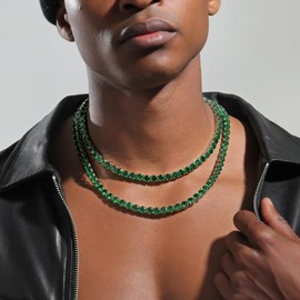 Apzzic 7mm Iced Out Emerald Tennis Chain Green Rhinestone Choker Cubic Zirconia Round Diamond Hip Hop Necklace Bracelet For Men Women, Gold-Plated, Cubic Zirconia