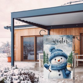 Wodison Hello Winter Snowman Garden Flag 12x18 Inch Double Sided for Outside, Small Burlap Welcome Winter Snow Holiday Yard Outdoor Decorative Flag