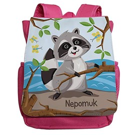 minimutz Nursery backpack with name for boys and girls, cute raccoon motif, small children's backpack including desired name and chest strap, ideal for nursery and nursery from 2-5 years, pink