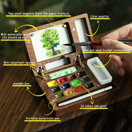 MEI COLOUR Portable Mini Watercolor Paint Set for Adult Artists, Wooden Pocket 12 Color Travel Watercolors Painting Kit Contains Pen Paper Sponge Wash Bucket
