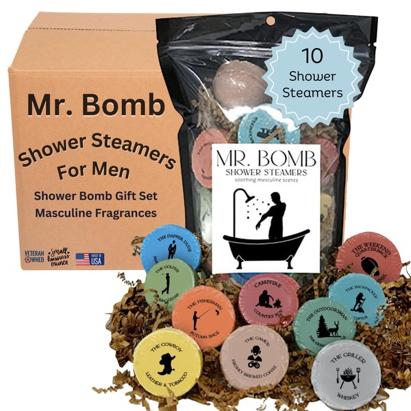 Mr. Bomb Manly Shower Steamers - Experience Ultimate Refreshment and Elevate Your Shower Routine with Our Popular Guy Shower Steamers! Proudly USA Crafted, 10 Masculine Scented (Shower Steamers 10 pk)