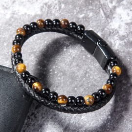 Unbranded 8" Tiger‘s Eye Obsidian Men's Leather Bracelet Stainless Steel Magnetic Clasp