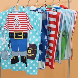 Kids Hooded Beach Robe Cape Bath Towel Microfiber Printed Beach Towel Windproof Thick Towel Shawl for Elementary Schoolers 60*120/Red Striped Dinosaur 4ea