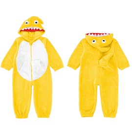 LOLANTA Kids Shark Costume, Animal Boys Union Suit, One-Piece Bodysuit Hooded Flannel Fancy Dress, Yellow, 6-7 Years, Tag L