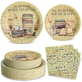 yunhuatdm 180PCS Book Themed Party Decorations, Vintage Book Club Plates and Napkins Set, Disposable Reading Tableware Set for Library Event Book Lover Birthday Party Supplies