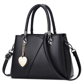 FOLOVEYA Elegant Women Handbags Lady Top Handle Bags Stylish Heart Pendant Crossbody Bag Shoulder Bags Tote Bag Satchel Messenger Bag PU Leather for Shopping Travel Work Dating Black