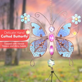 Campana de viento de mariposa, tono profundo, hecha a mano, con 4 tubos de aluminio, decoración exterior para jardín, patio, regalo para mamá (azul)
