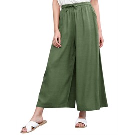 Come Together California CTC Womens Washed Linen Casual Loose Wide Leg Pants Pocket Pant with Draw String L Green