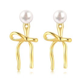 STAYLOVE Small Gold Bow Drop Dangle Earrings for Women 14K Gold Plated Hypoallergenic Cute Mini Pearl Stud Earring Jackets for Women