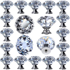 DeElf 12 PCS Clear Crystal Glass Drawer Cabinet Pulls Knobs Diamond Shape Decorative for Kitchen, Dresser, 30mm (1-1/4“), Silver Color Base