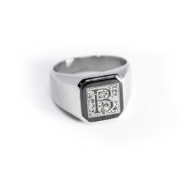 Stainless Steel Letter B Alphabet Initial Floral Box Monogram Engraved Square Flat Top Biker Style Polished Ring, Size 11