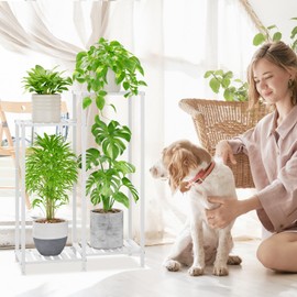 iDavosic.ly 4 Tier Plant Stand Indoor with Wheels, Metal Tiered Corner Flower Holder Shelf Outdoor for Large Pots, Tall Rolling Rack for Patio Porch Garden Balcony Living Room, White