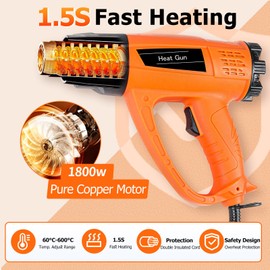 Heat Gun 1800W 140℉~1112℉ (60℃-600℃) Heavy Duty Fast Heating Hot Air Gun Kit Variable Temperature Control with Overheat Protection, 5 Nozzles for Crafting, Shrink Tubing, Vinyl Wrap, Resin, DIY